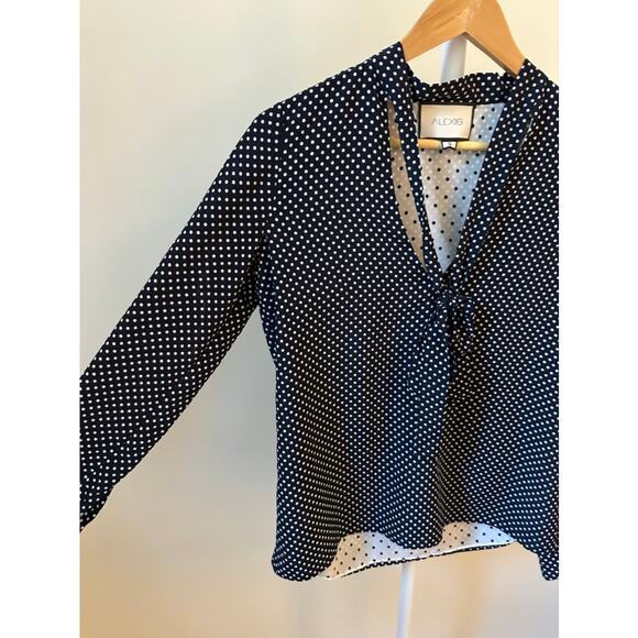 Alexis Navy and White Polka Dot Tie-Neck Blouse, Size Small - Picture 4 of 7